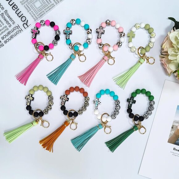 Silicone Beaded Keychain Wristlet Bracelet for Women Girls with Cross Gift - Picture 6 of 6